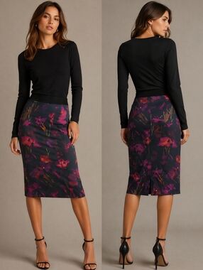 Karen Millen Black Floral Midi Pencil Skirt